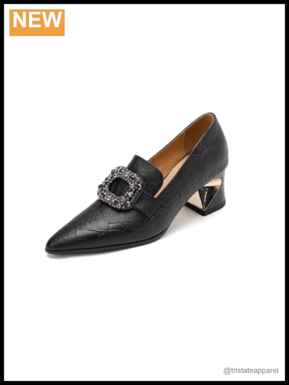 Genuine Leather Pointed Toe Crystal Buckle Pumps Block Heel Business Casual